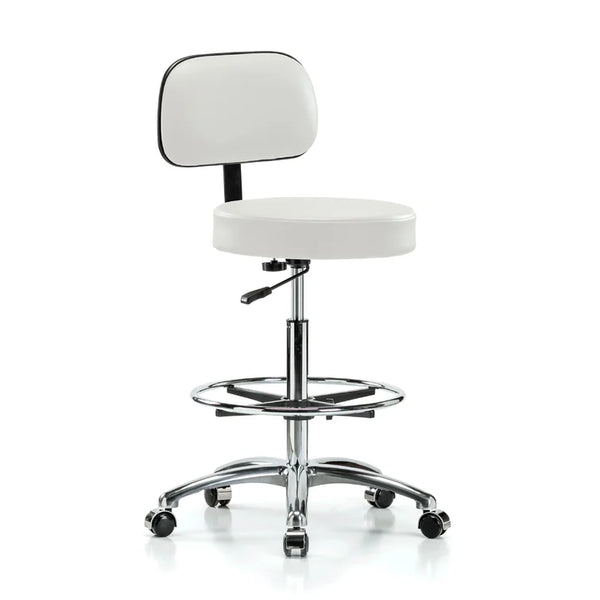 Graham Field Physician Stool, D-Handle Release, Polished Aluminum Base w/Backrest and Foot Ring 9702-BFR-AL