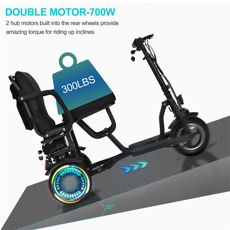 MotoTec Folding Mobility Electric Trike 48v 700w Dual Motor Lithium Black MT-FOLD-TRK-700