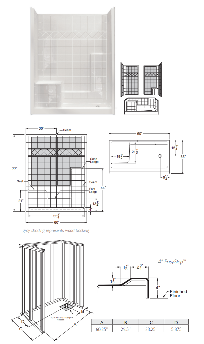 Mobility Bathworks 6032 Fiberglass Shower System Subway Tile 5 Piece Barrier Free 6032SSS