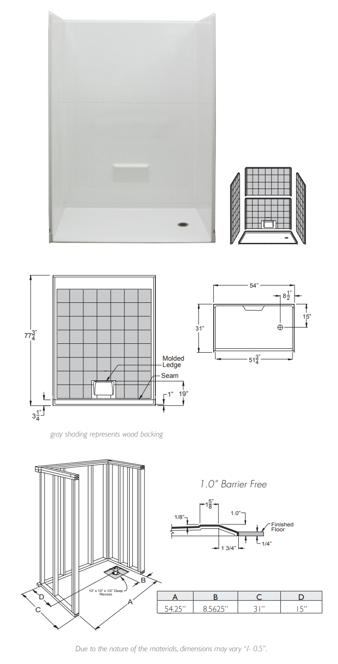 Mobility Bathworks 5430 Fiberglass Shower System 5 Piece Barrier Free 5430SS