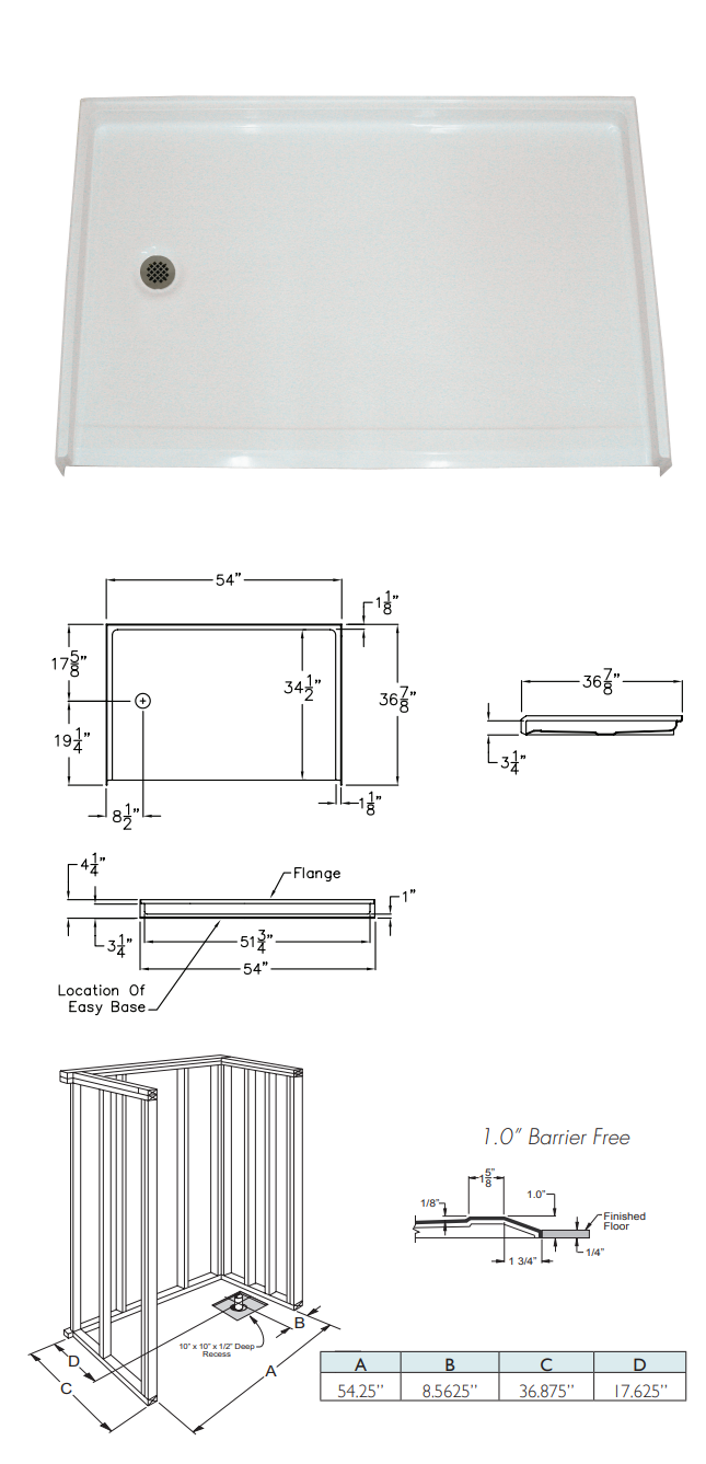 Mobility Bathworks 5050, 5436 Barrier Free Shower Pans 1" Threshold