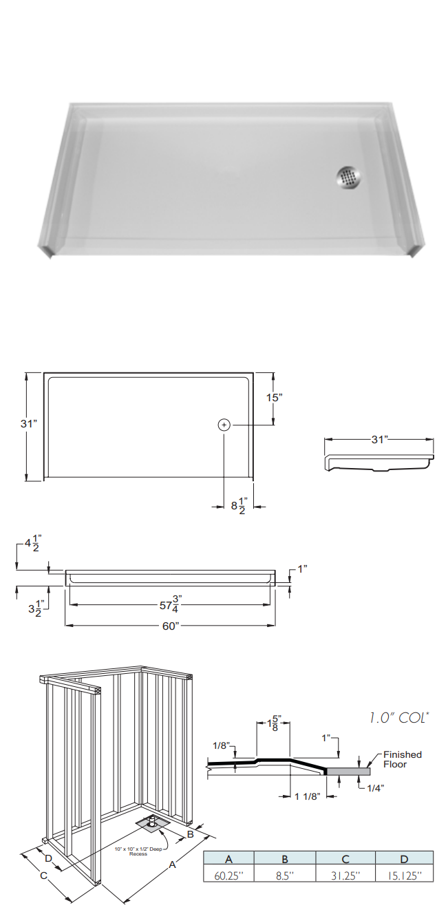 Mobility Bathworks 6030 Barrier Free Shower Pan 1" Threshold