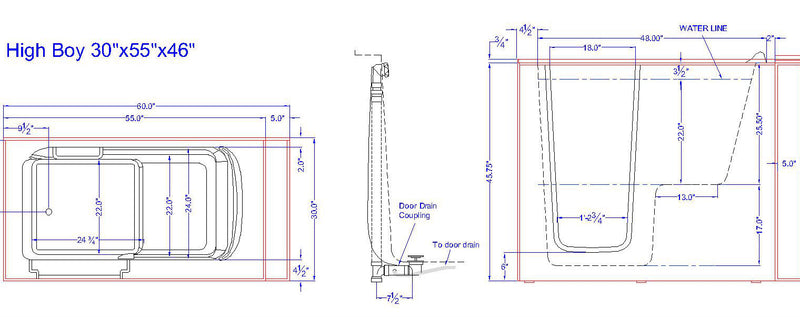 Avora Bath Elite Series HI BOY Walk-In Tubs Mobility Bathworks 55X30X46